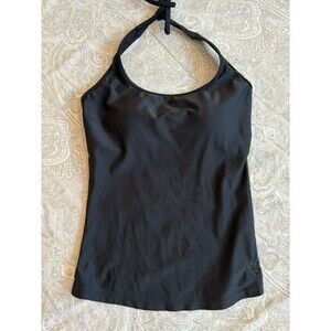 Hapari Black Swim Halter Tank Top, Bra Shelf Removable Pads, Open Back Size S